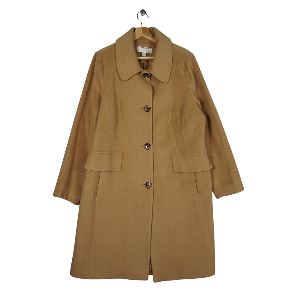 Anne Klein Single Breasted Coat Womens Size 0X Wool Silk Tweed Camel Classic